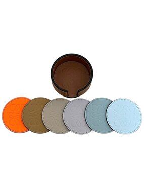 Loewe Costar 6 Piece Set Anagram Leather Brown Multicolor Logo Case Included